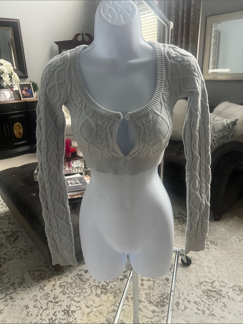 Skims Crochet Cable Knit Crop Cardigan Sweater - Light Gray/light blue
